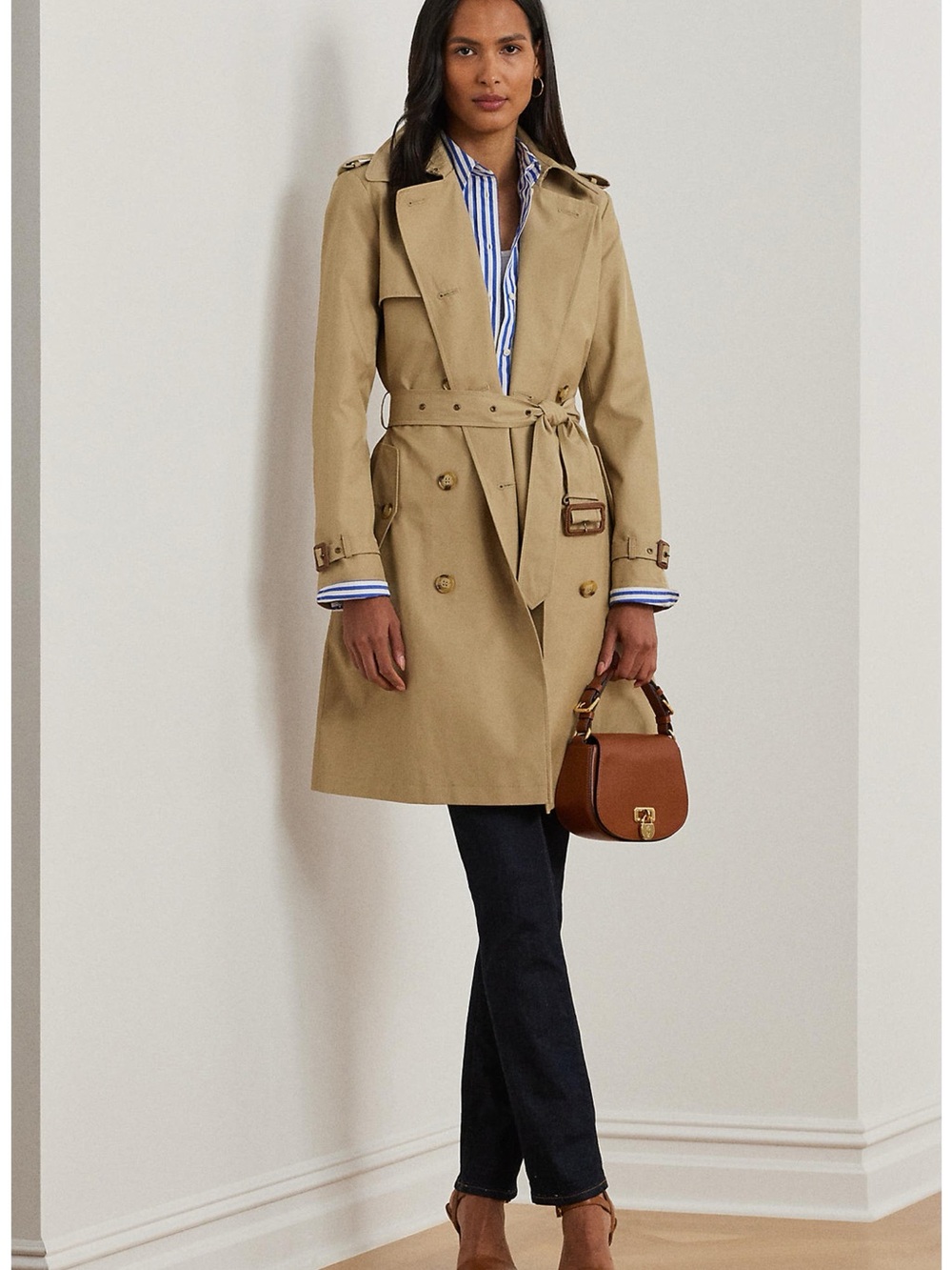 Lauren Ralph Lauren Khaki Belted Double-Breasted Trench Coat